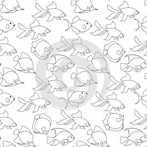 Fish seamless monochrome pattern. Thin black outline fish design element stock vector illustration